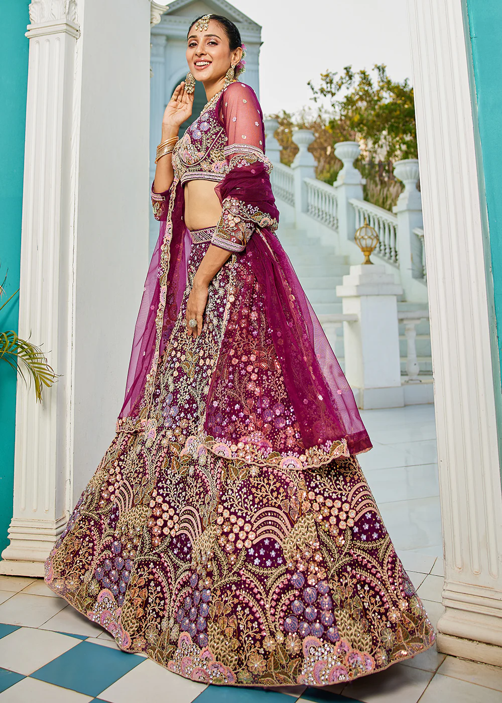 Burgundy Cording & Sequins Embroidered Net Lehenga Choli - Image 6