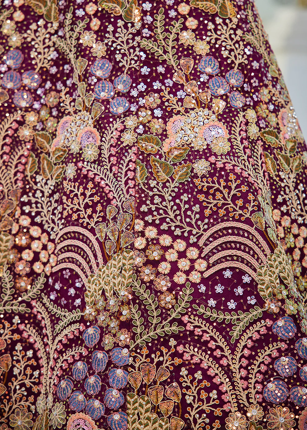Burgundy Cording & Sequins Embroidered Net Lehenga Choli - Image 7