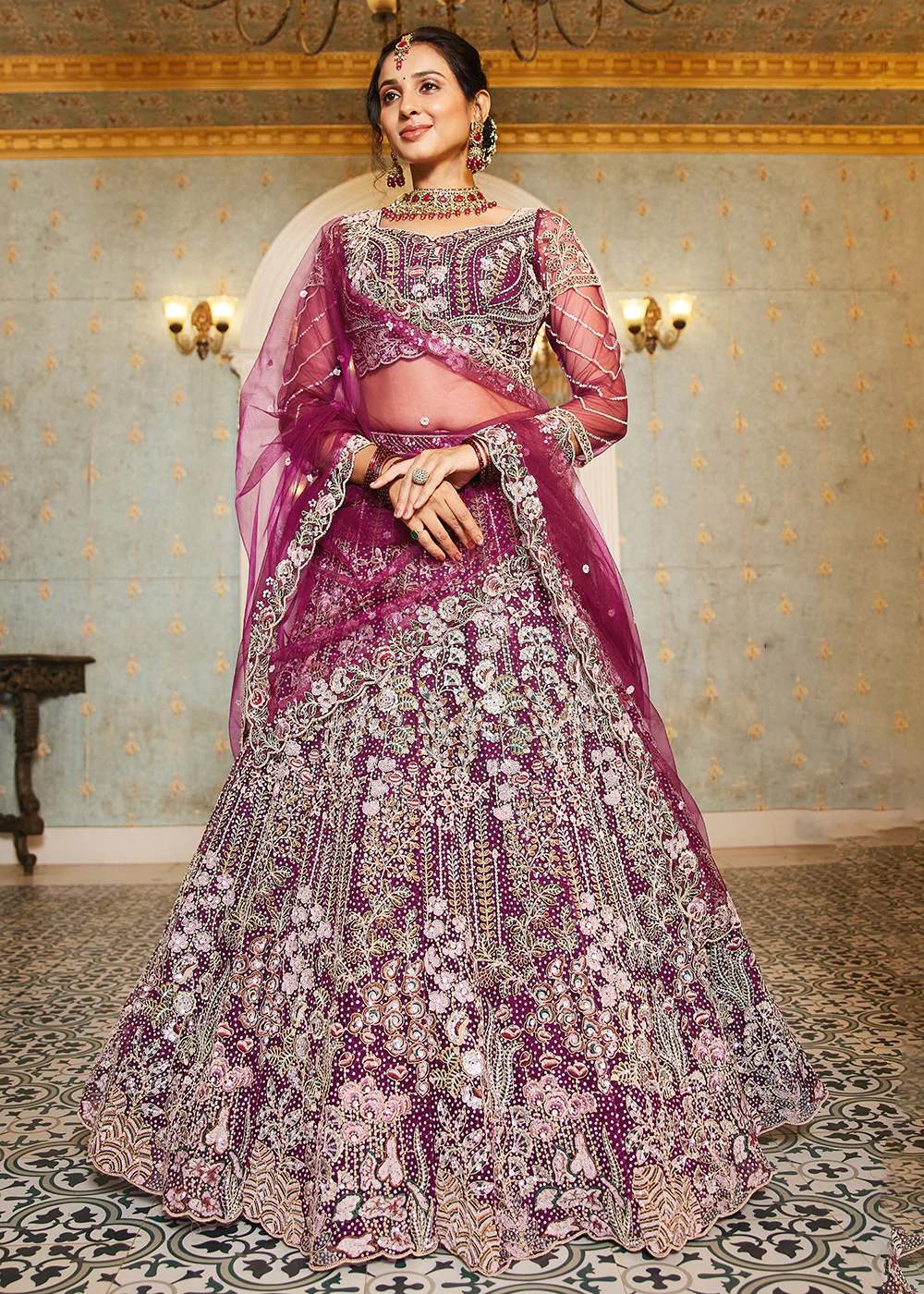 Burgundy Cording & Zarkan Embroidered Net Lehenga Choli