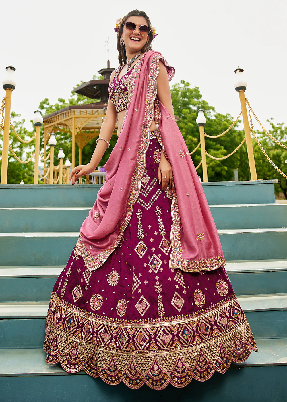 Burgundy Georgette Sequins Wedding Party Lehenga Choli - Image 4