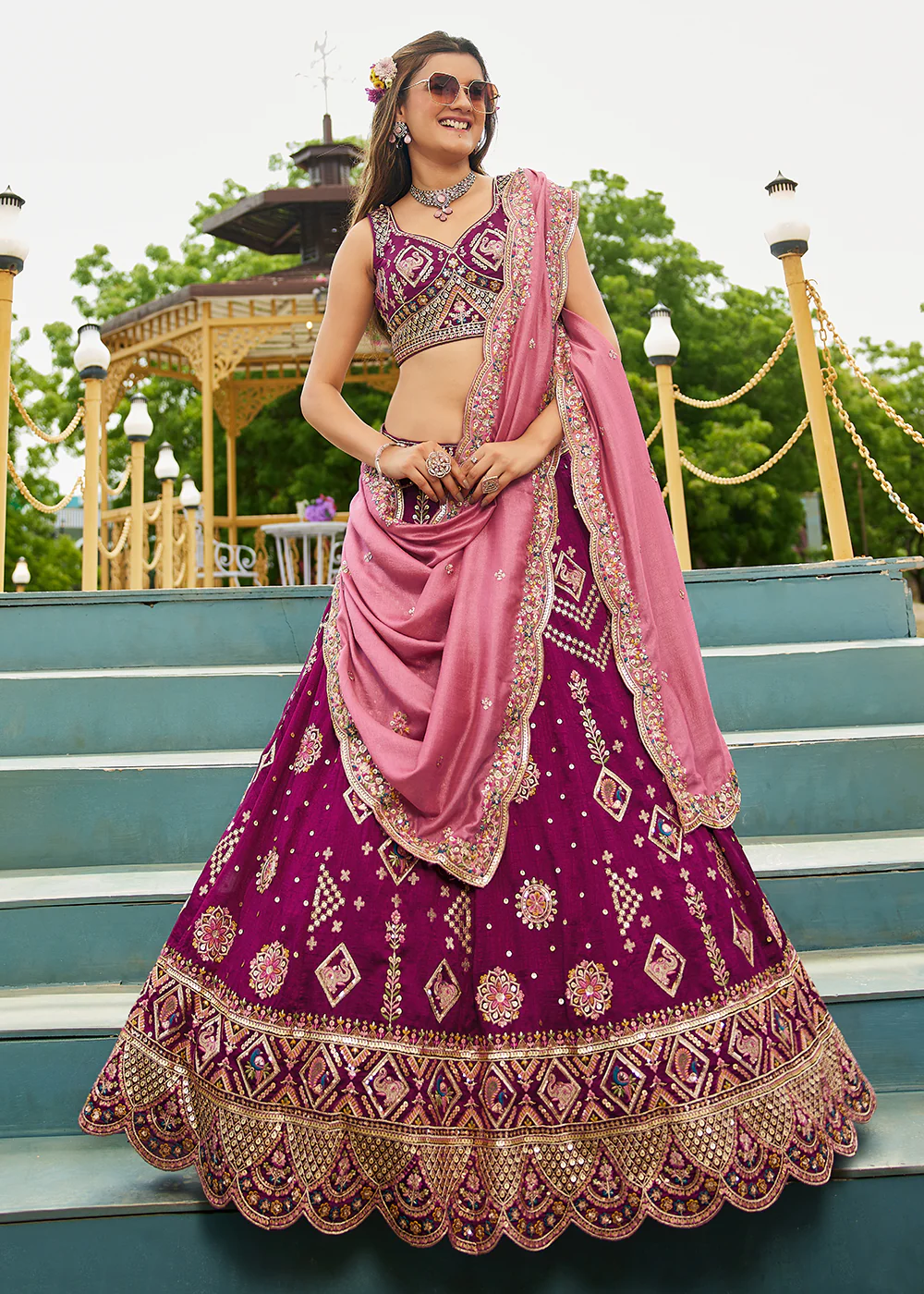 Burgundy Georgette Sequins Wedding Party Lehenga Choli - Image 6