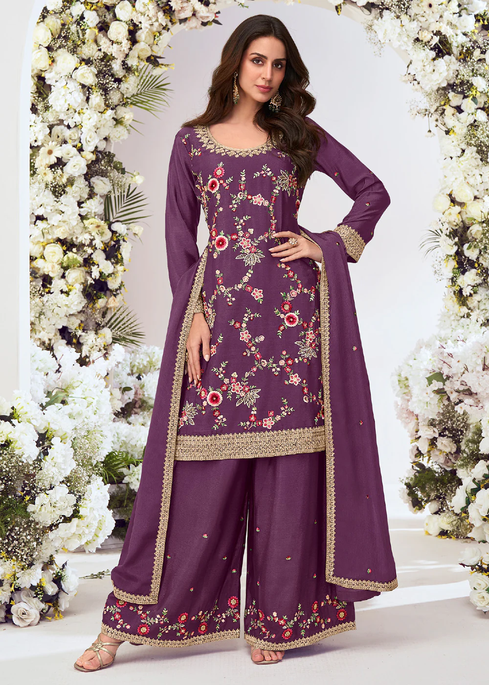 Burgundy Multi Threads Work Festive Palazzo Suit