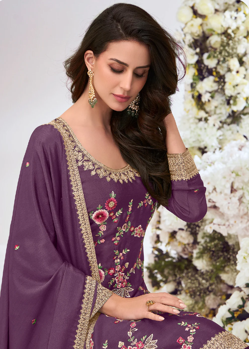 Burgundy Multi Threads Work Festive Palazzo Suit - Image 2