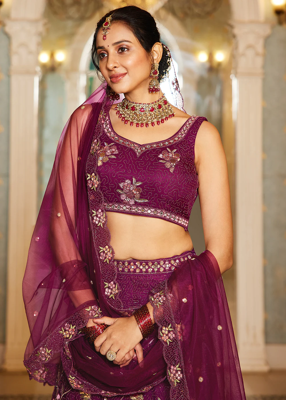 Burgundy Net Embroidered Wedding Style Lehenga Choli - Image 2