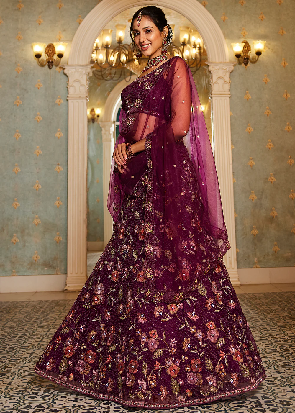 Burgundy Net Embroidered Wedding Style Lehenga Choli - Image 4