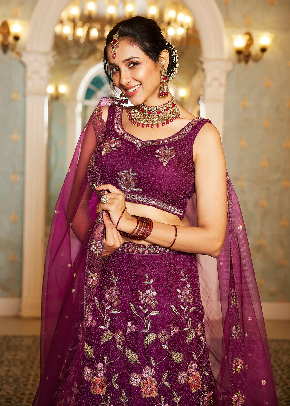 Burgundy Net Embroidered Wedding Style Lehenga Choli - Image 5