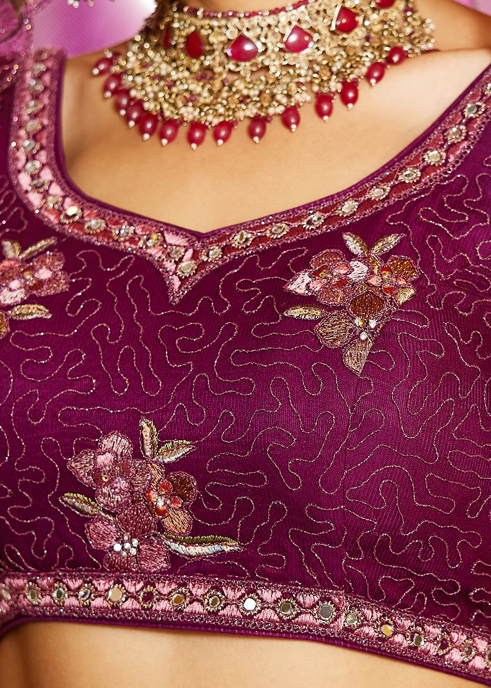 Burgundy Net Embroidered Wedding Style Lehenga Choli - Image 7
