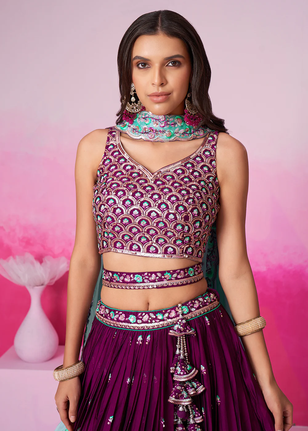 Burgundy Pure Georgette Embroidered Bridesmaids Lehenga Choli - Image 2