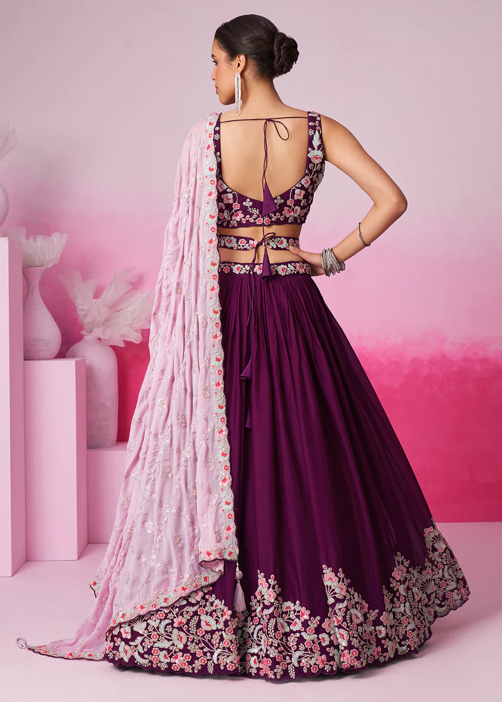 Burgundy Pure Georgette Sequins Embroidered Lehenga Choli - Image 3