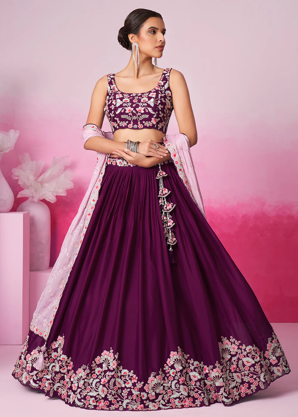 Burgundy Pure Georgette Sequins Embroidered Lehenga Choli - Image 4