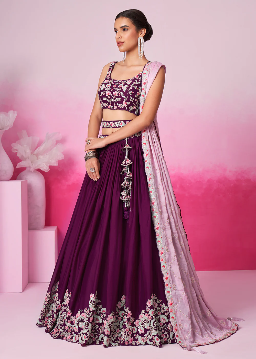 Burgundy Pure Georgette Sequins Embroidered Lehenga Choli - Image 5