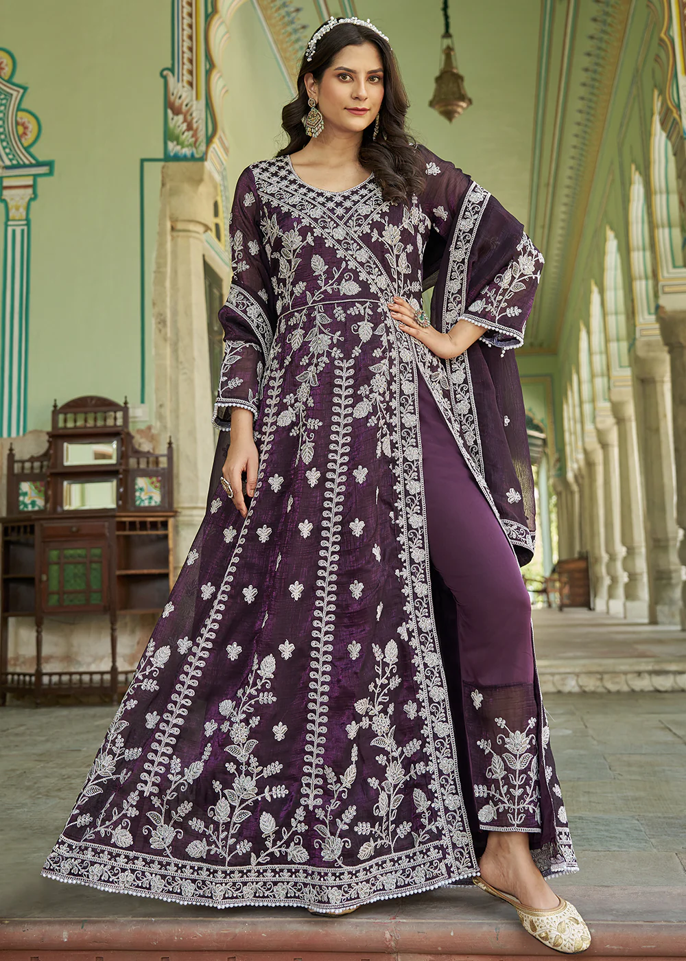 Burgundy Purple Slit Style Pant Style Anarkali Suit