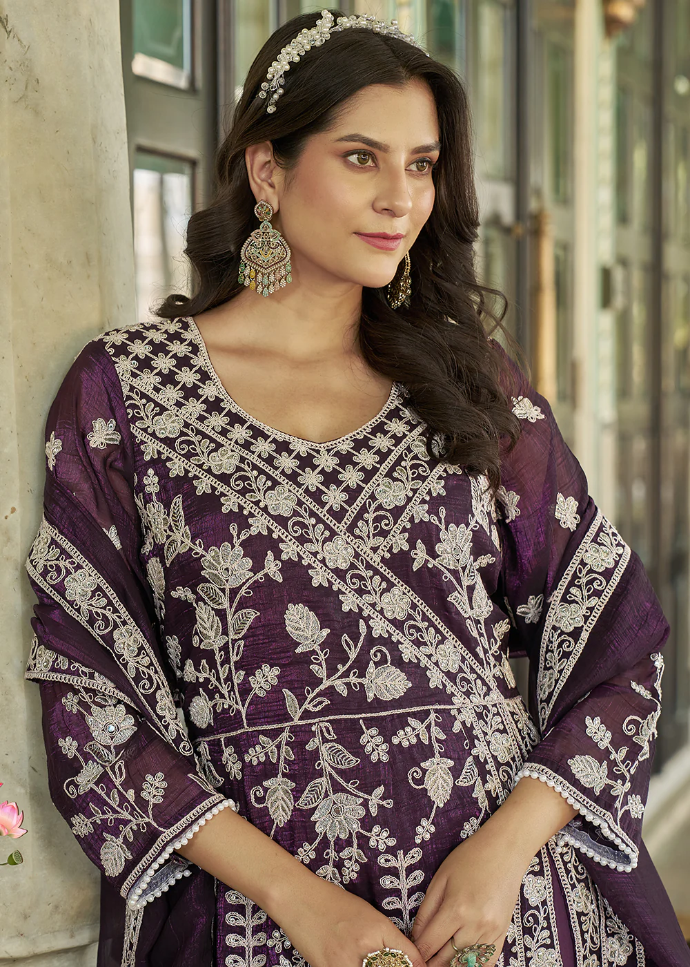 Burgundy Purple Slit Style Pant Style Anarkali Suit - Image 2