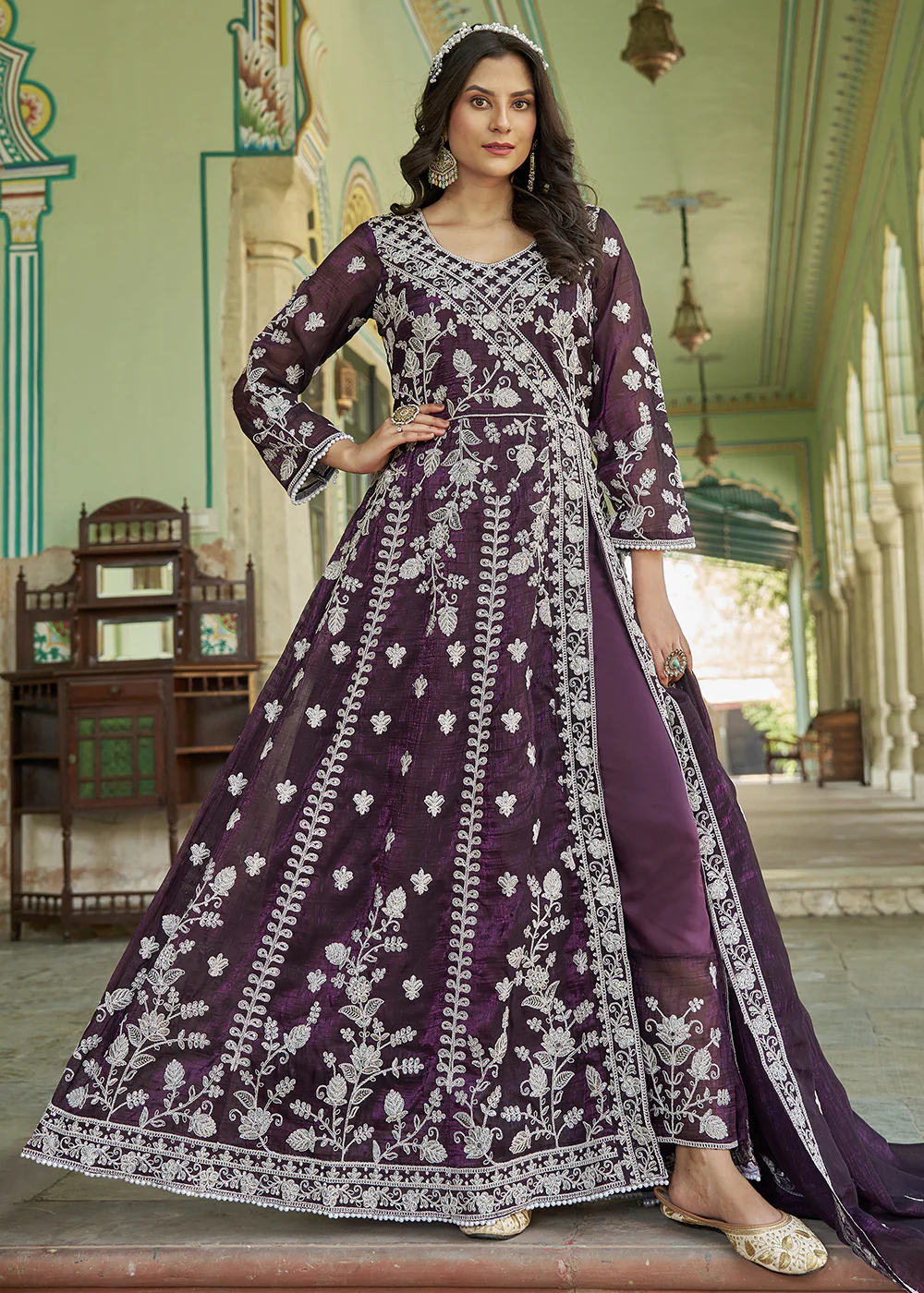 Burgundy Purple Slit Style Pant Style Anarkali Suit - Image 3