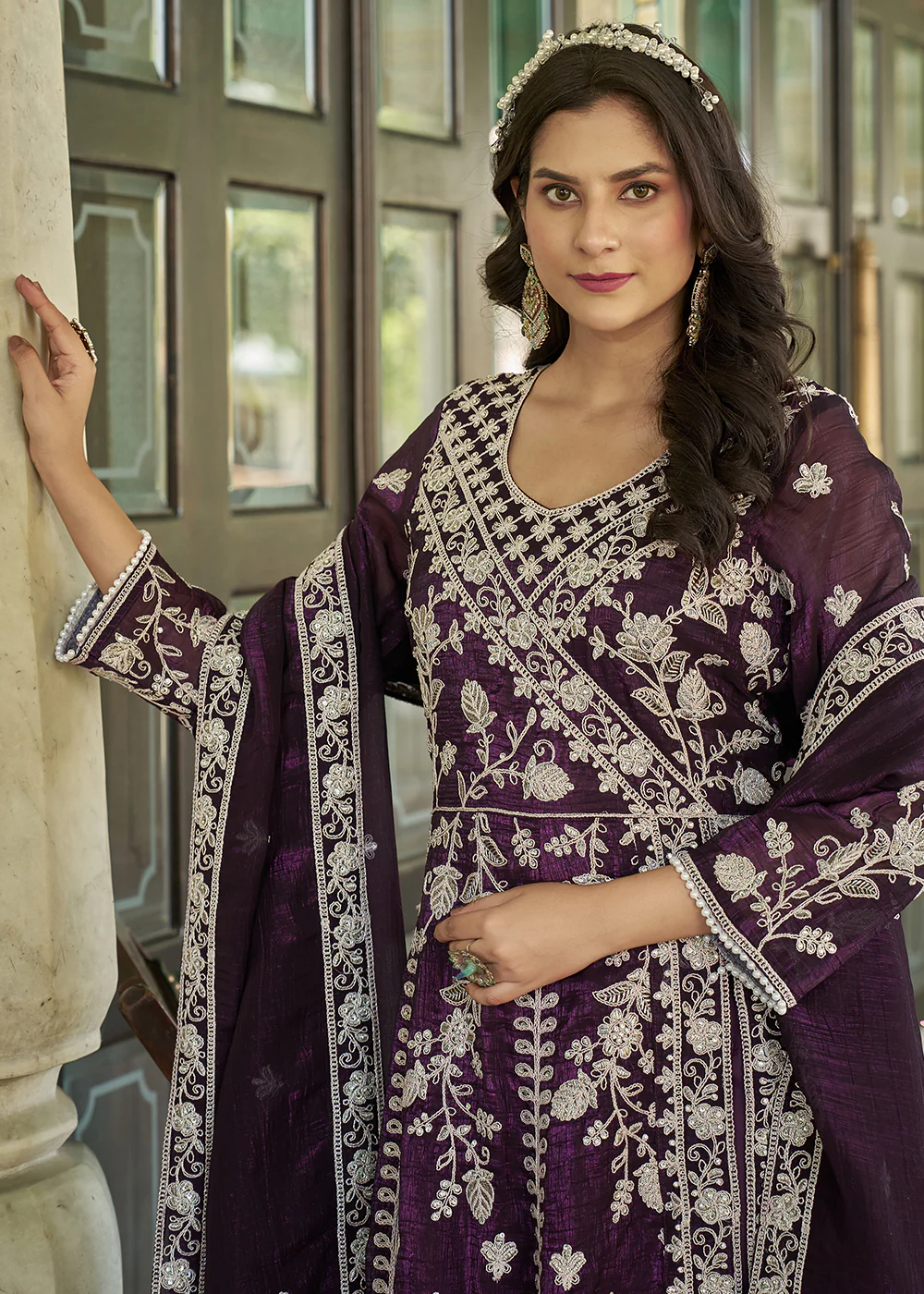 Burgundy Purple Slit Style Pant Style Anarkali Suit - Image 5