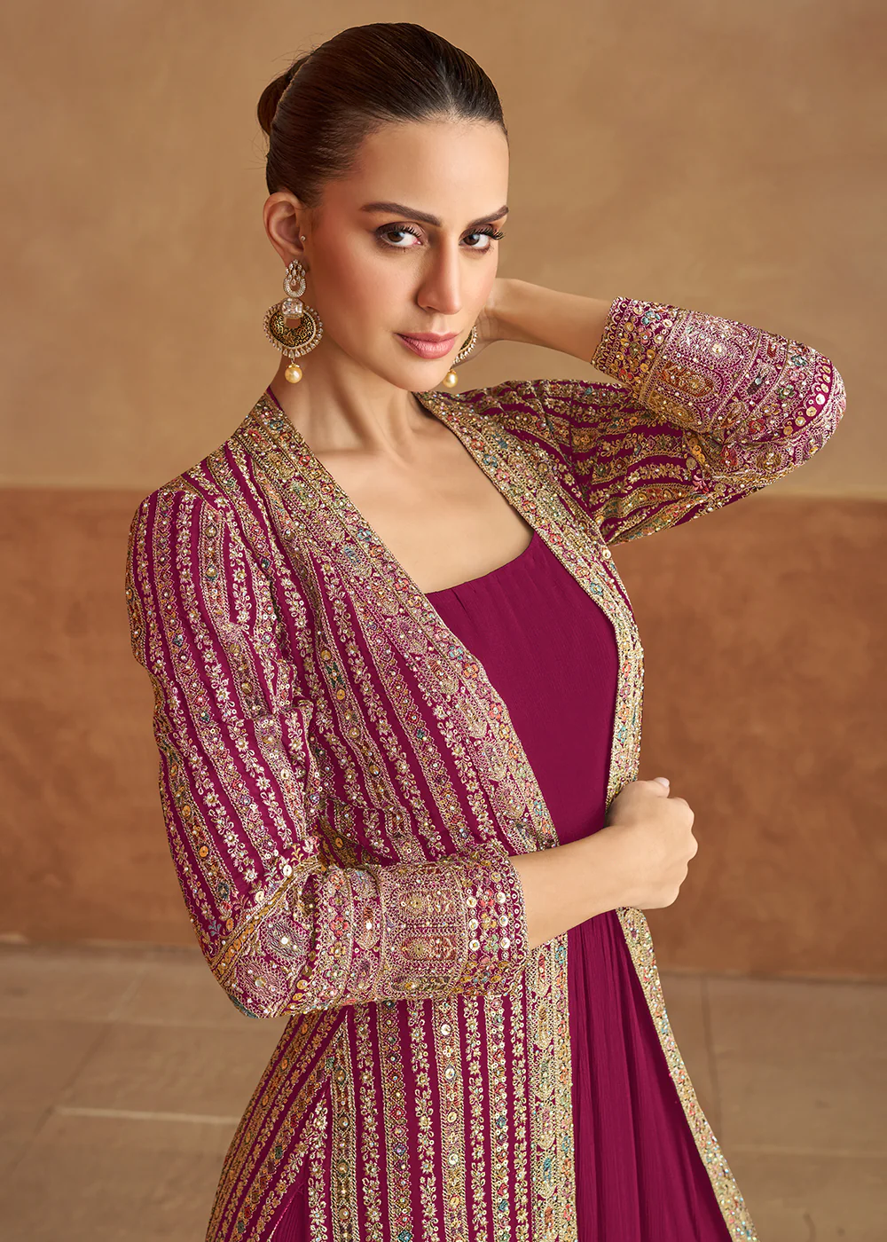 Burgundy Real Georgette Jacket Style Anarkali Dress - Image 2