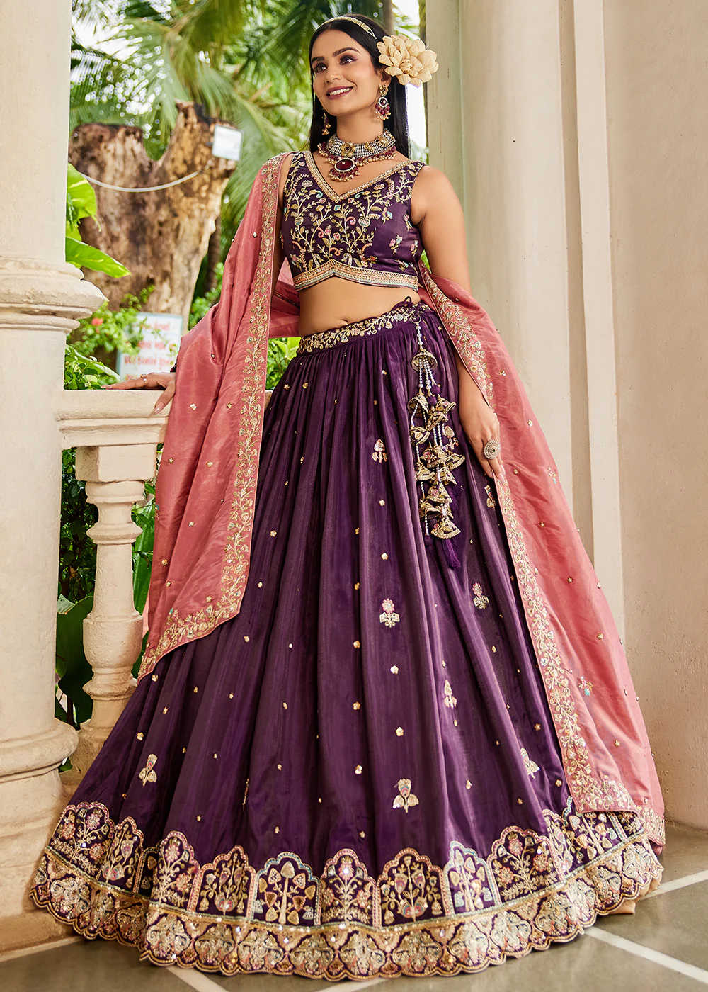 Burgundy Satin Sequins Embroidered Sangeet Lehenga Choli
