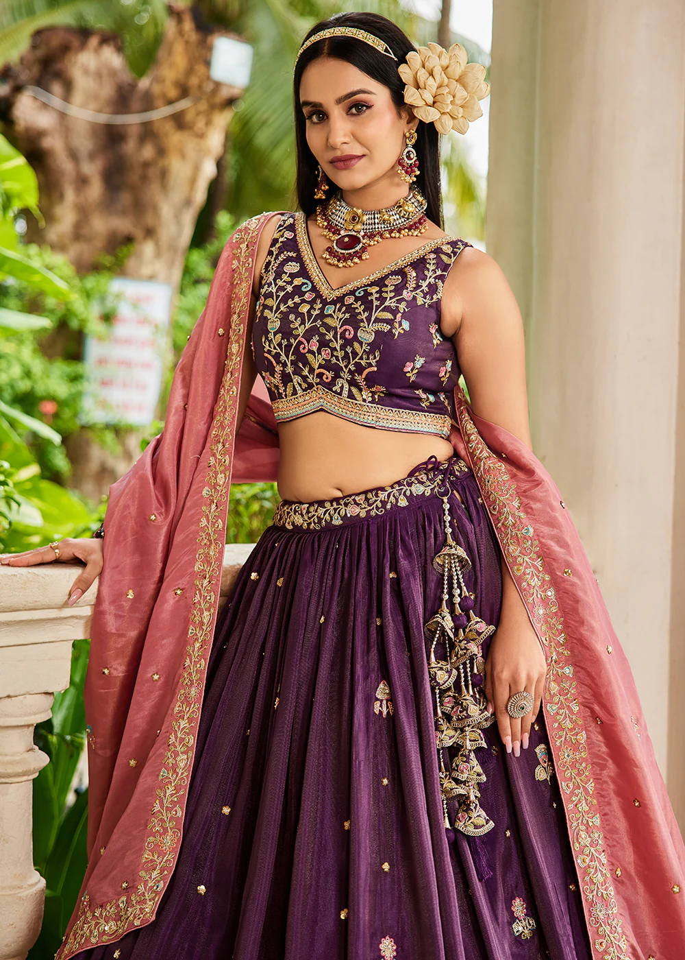 Burgundy Satin Sequins Embroidered Sangeet Lehenga Choli - Image 2