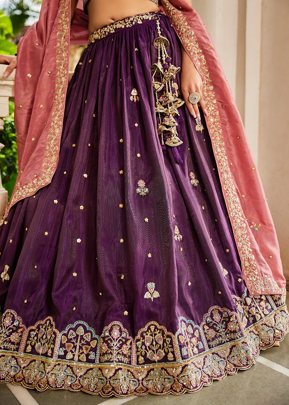 Burgundy Satin Sequins Embroidered Sangeet Lehenga Choli - Image 7