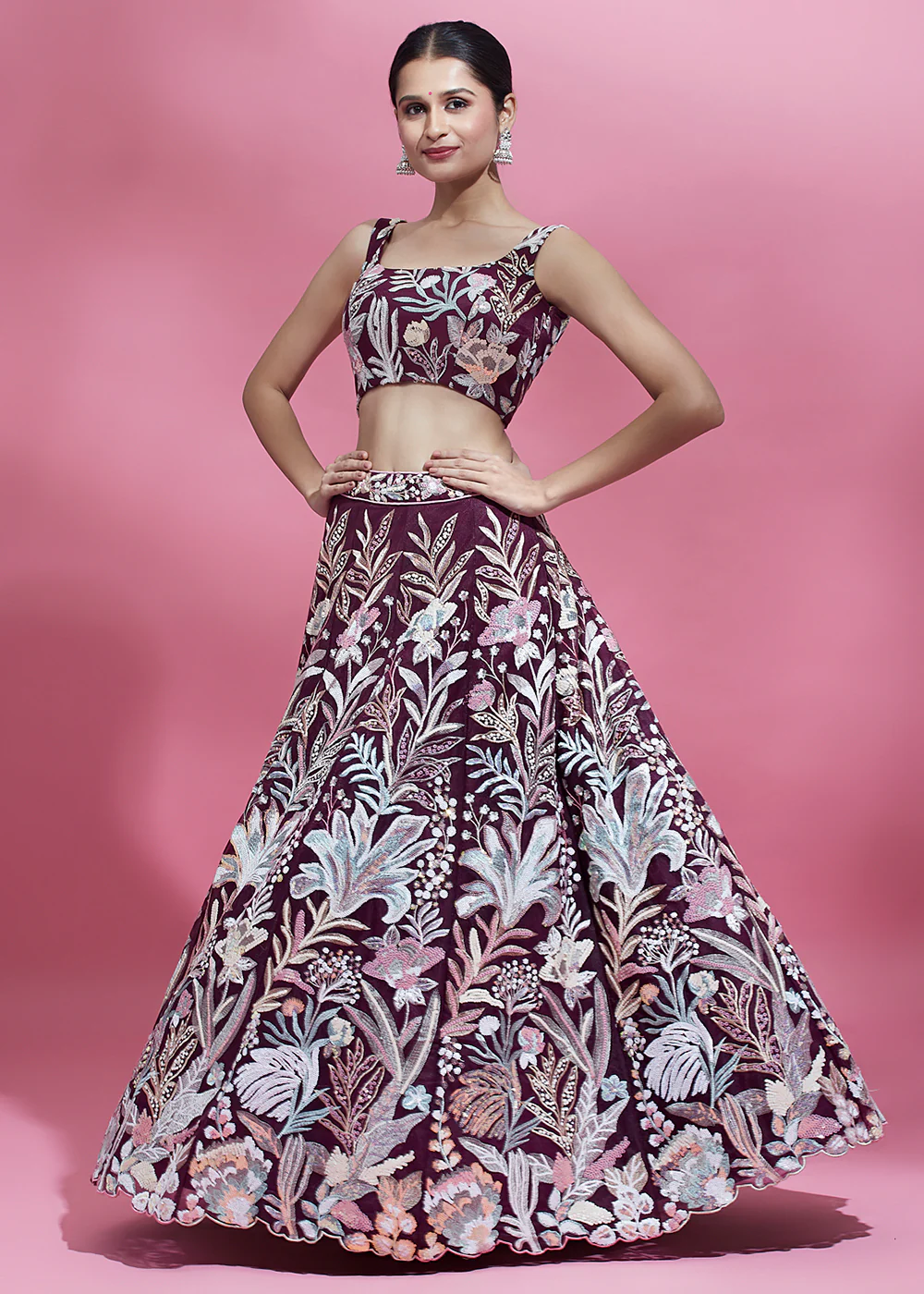 Burgundy Sequinned Embroidered Bridesmaid Lehenga Choli