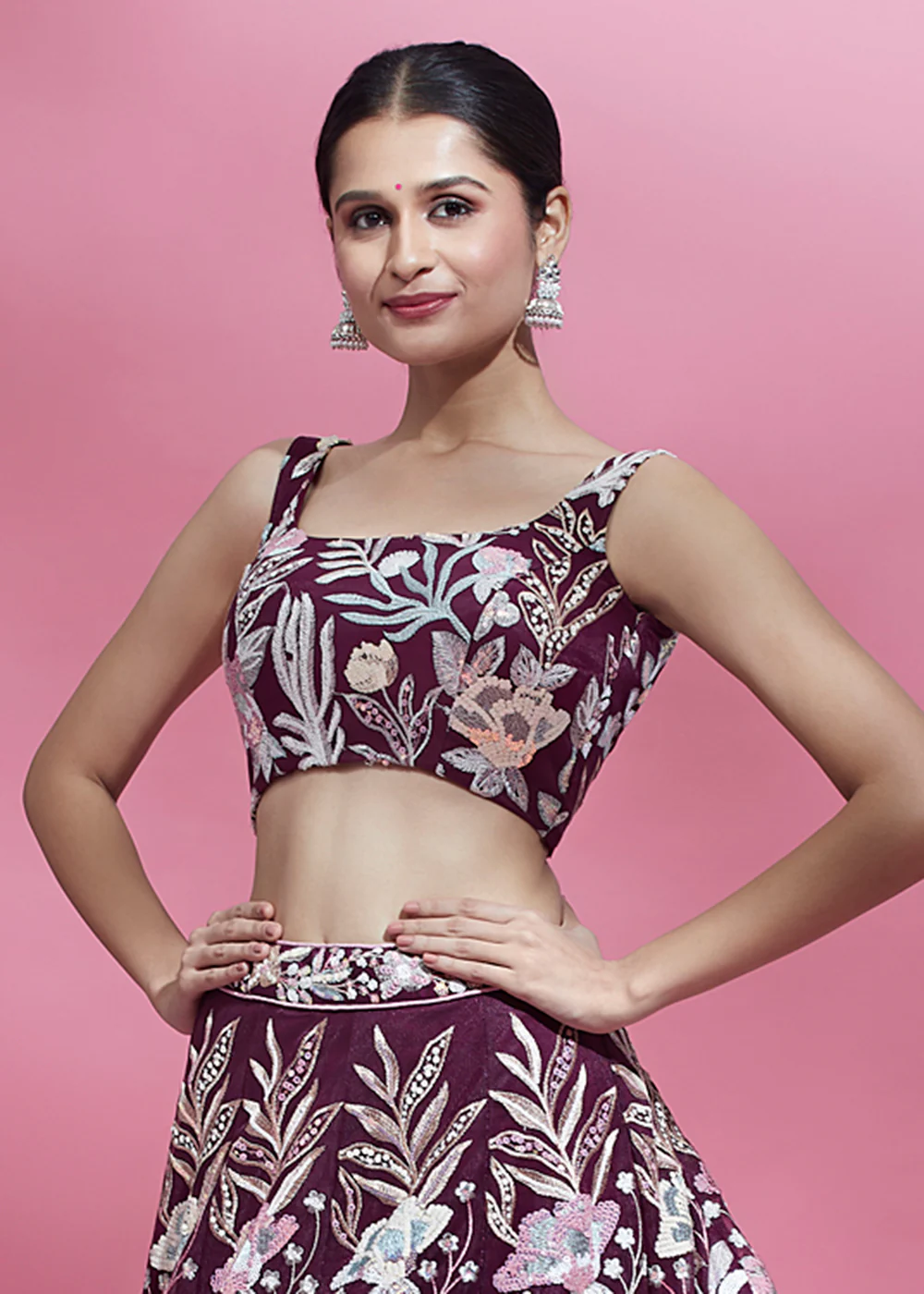 Burgundy Sequinned Embroidered Bridesmaid Lehenga Choli - Image 2