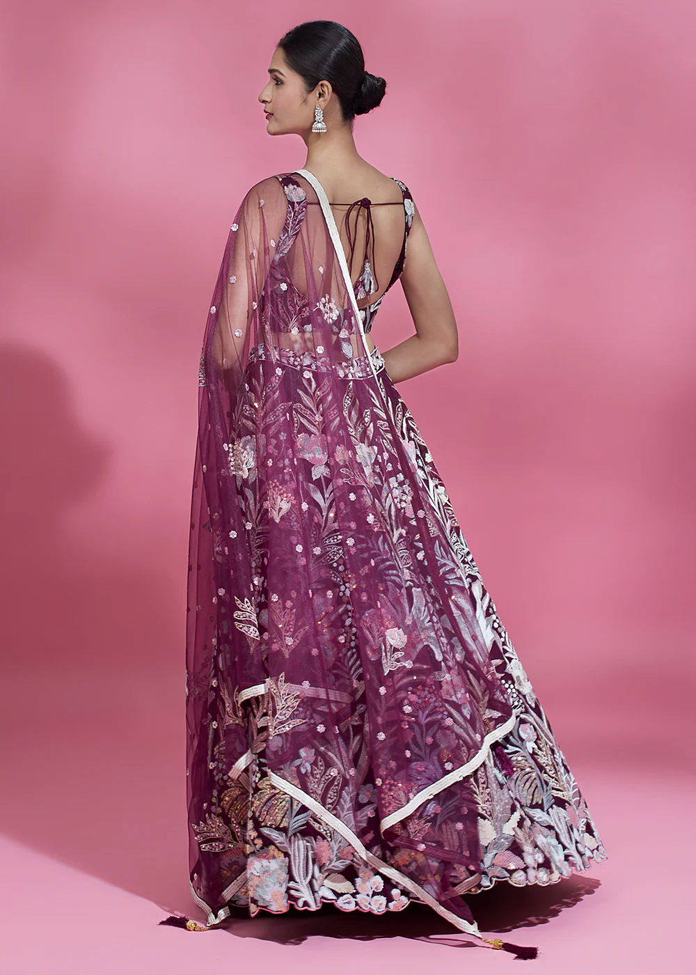 Burgundy Sequinned Embroidered Bridesmaid Lehenga Choli - Image 3