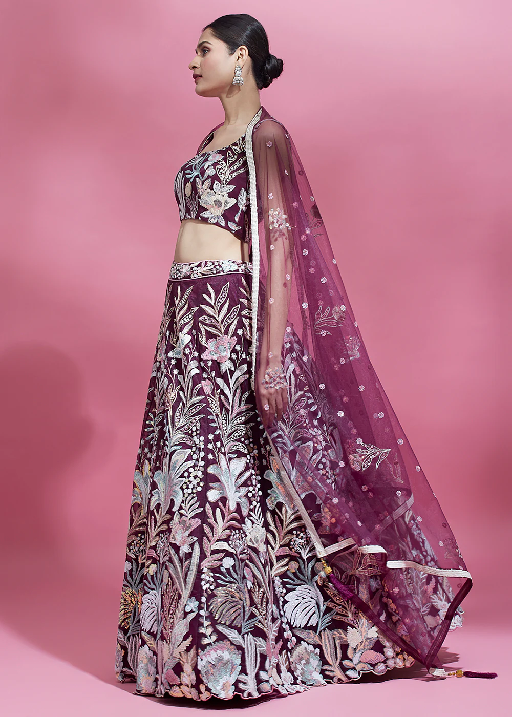 Burgundy Sequinned Embroidered Bridesmaid Lehenga Choli - Image 4