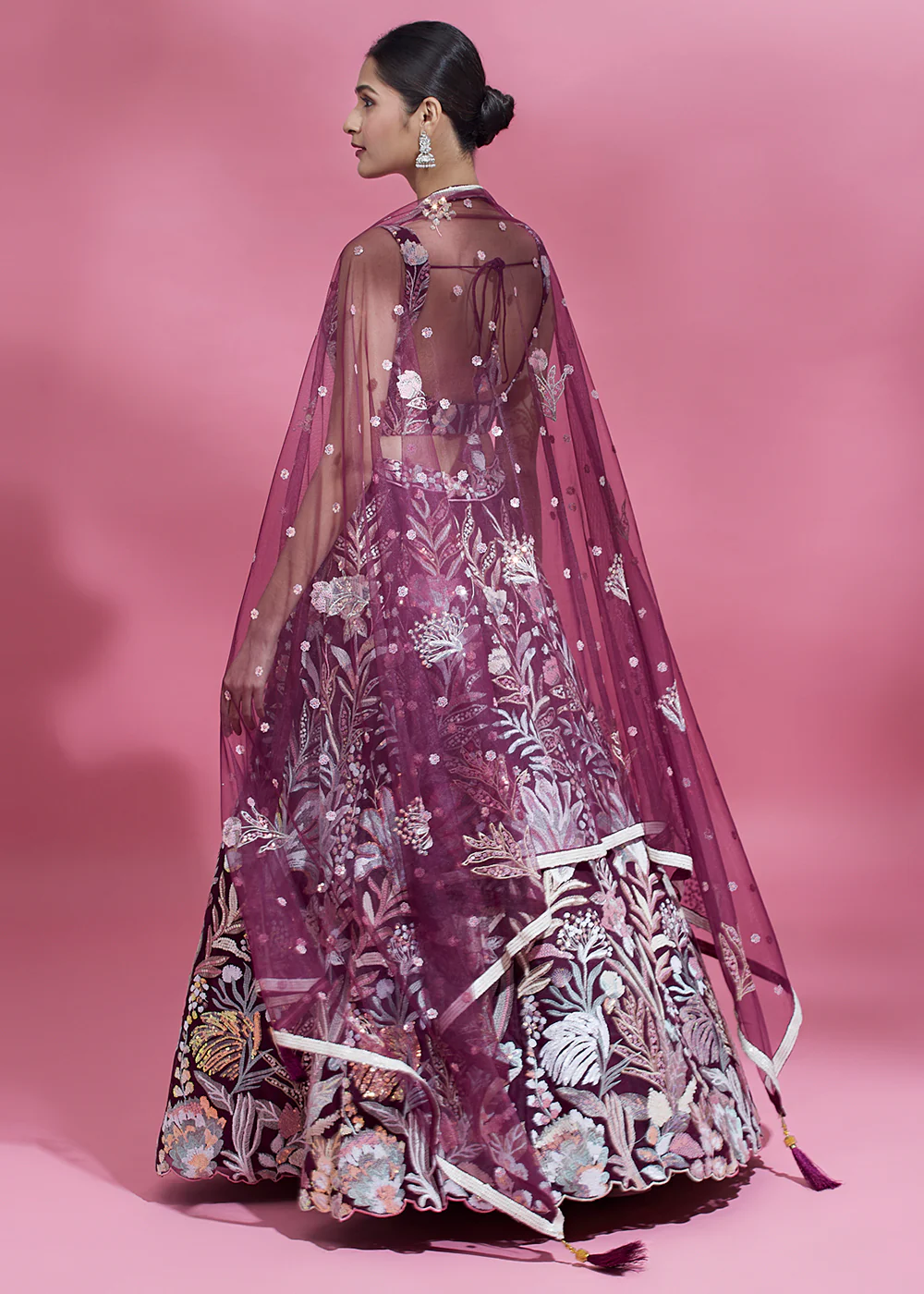 Burgundy Sequinned Embroidered Bridesmaid Lehenga Choli - Image 5