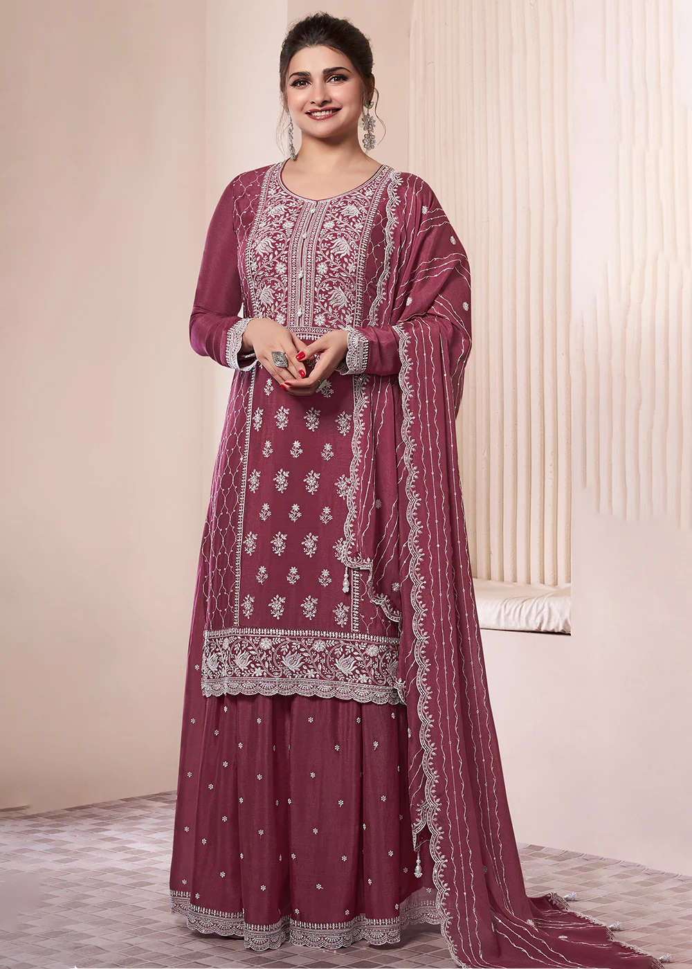 Burgundy Thread Embroidered Chinnon Sharara Style Suit