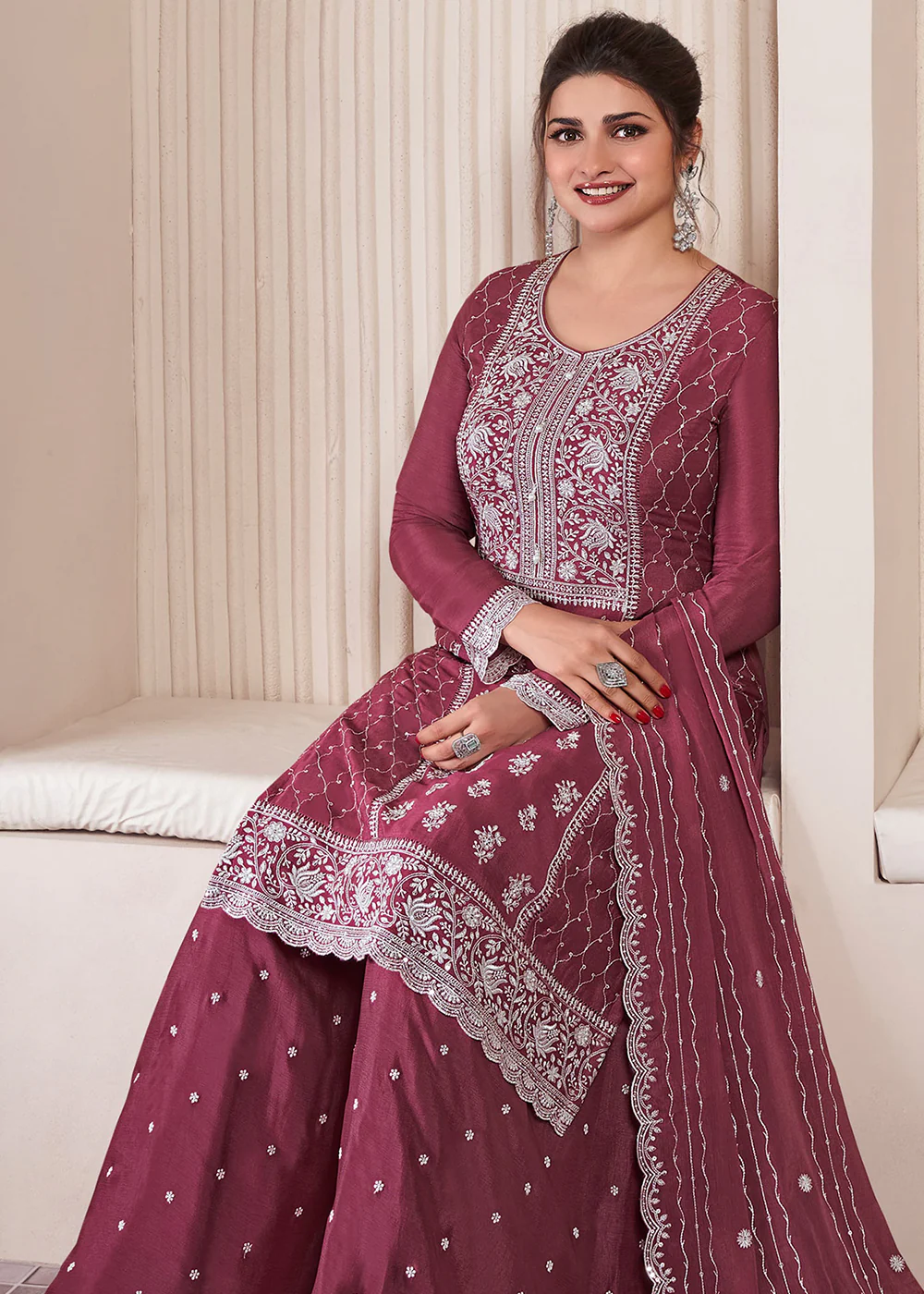 Burgundy Thread Embroidered Chinnon Sharara Style Suit - Image 2