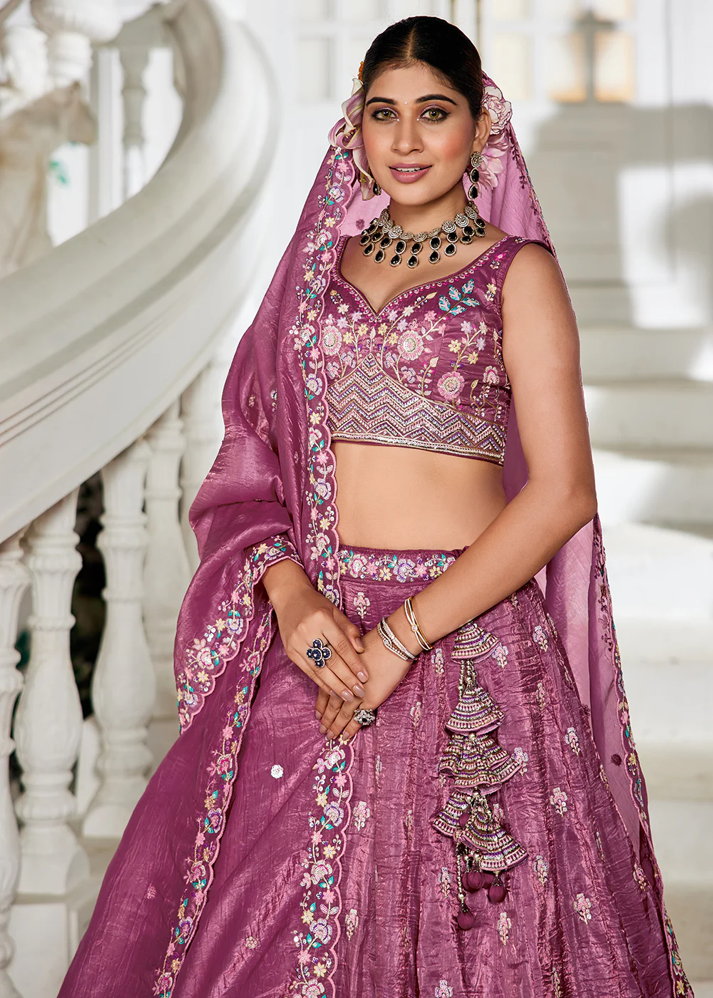 Burgundy Tissue Fabric Embroidered Wedding Lehenga Choli - Image 2