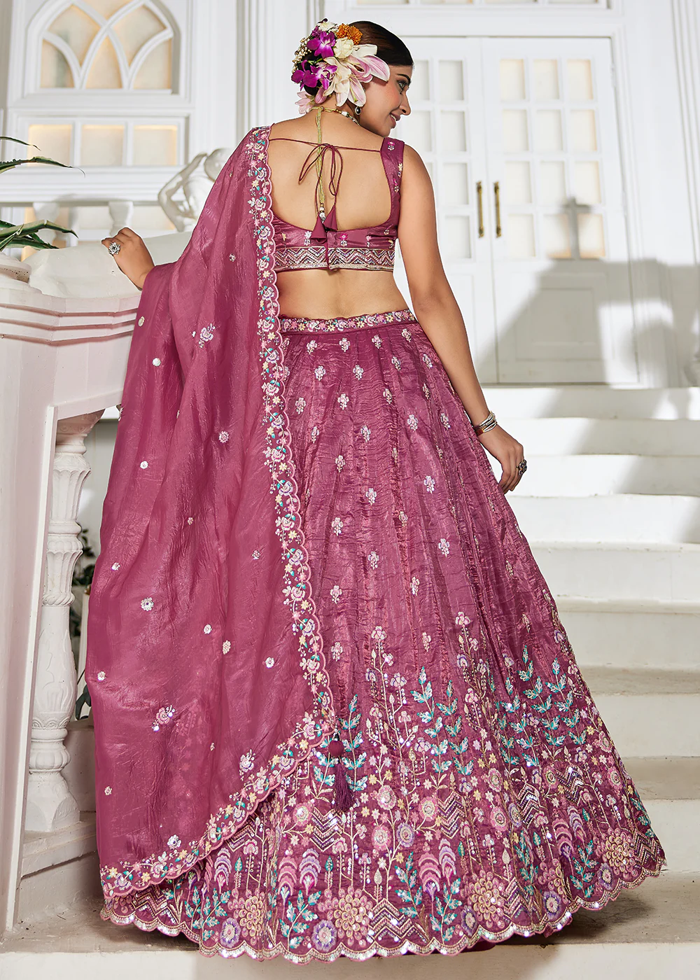 Burgundy Tissue Fabric Embroidered Wedding Lehenga Choli - Image 3