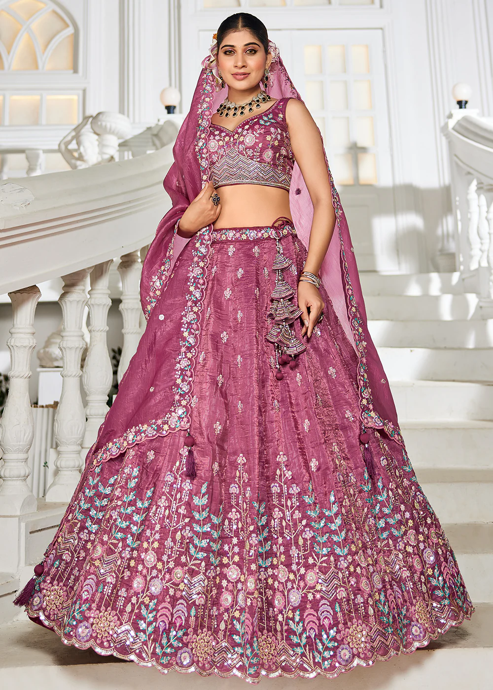 Burgundy Tissue Fabric Embroidered Wedding Lehenga Choli - Image 4