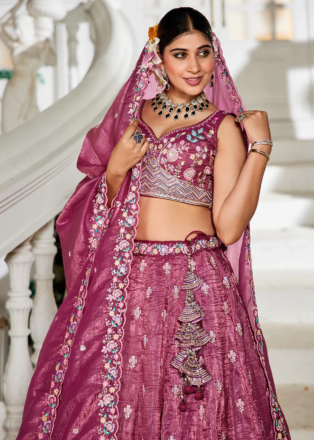 Burgundy Tissue Fabric Embroidered Wedding Lehenga Choli - Image 5