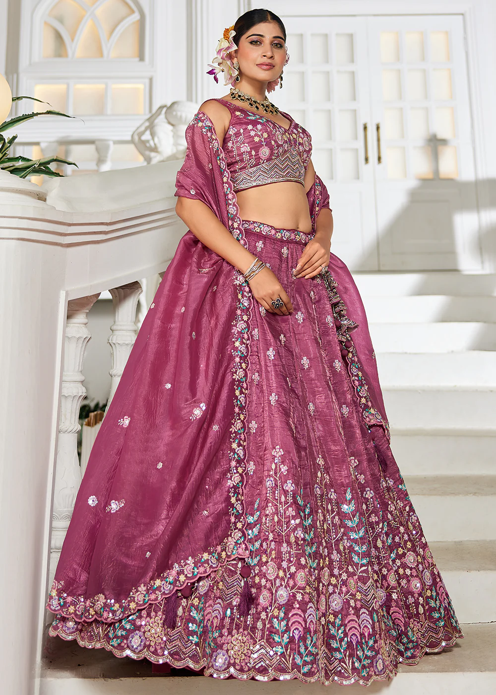 Burgundy Tissue Fabric Embroidered Wedding Lehenga Choli - Image 6