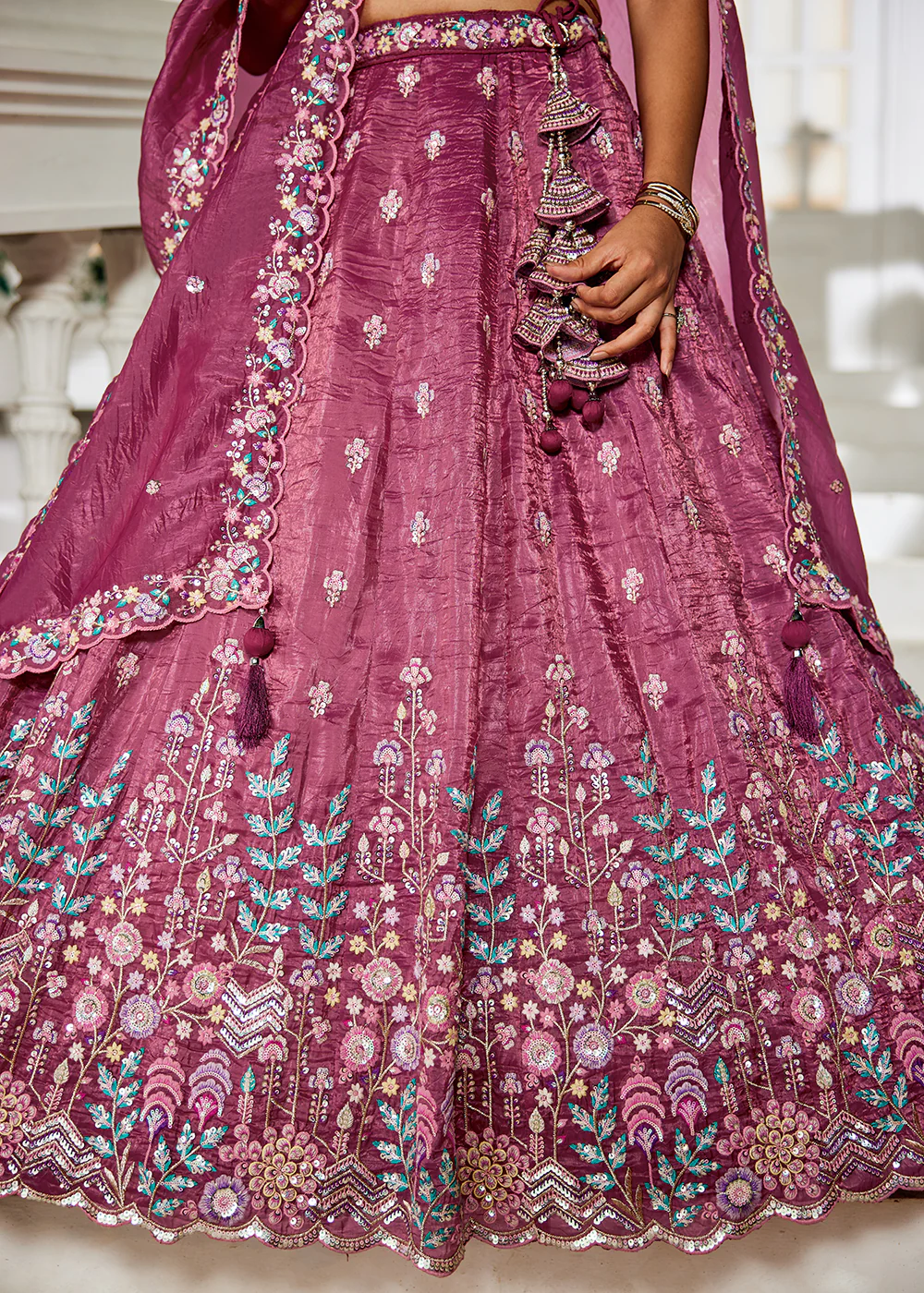 Burgundy Tissue Fabric Embroidered Wedding Lehenga Choli - Image 7