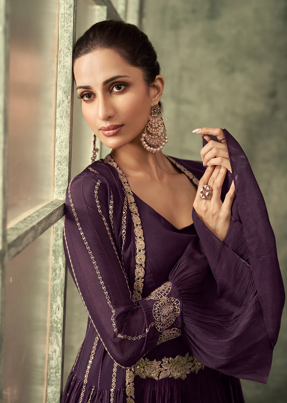 Burgundy Wine Chinnon Embroidered Designer Gown with Shrug - Image 2