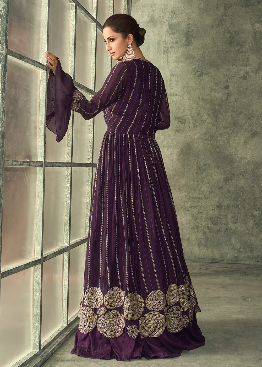 Burgundy Wine Chinnon Embroidered Designer Gown with Shrug - Image 3