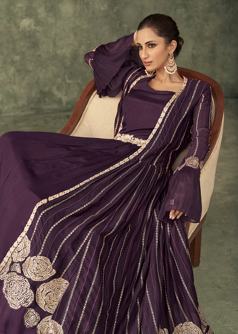 Burgundy Wine Chinnon Embroidered Designer Gown with Shrug - Image 4