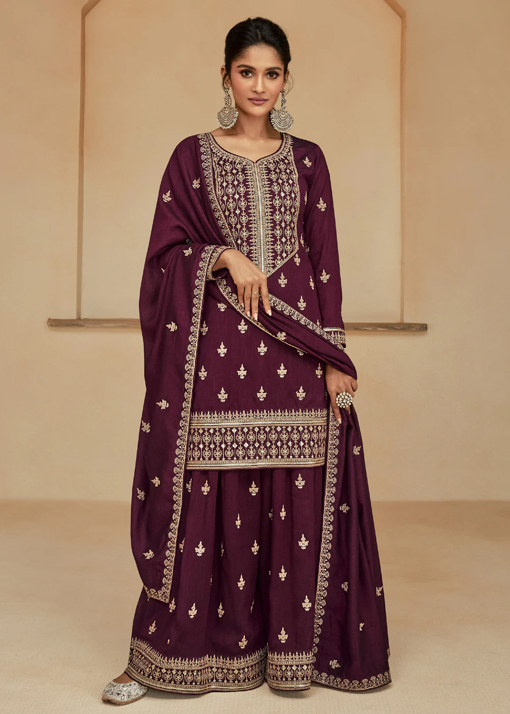 Burgundy Wine Zari & Sequins Work Palazzo Salwar Suit