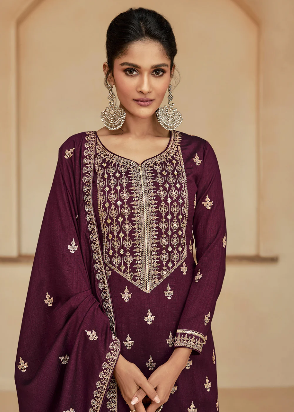 Burgundy Wine Zari & Sequins Work Palazzo Salwar Suit - Image 2