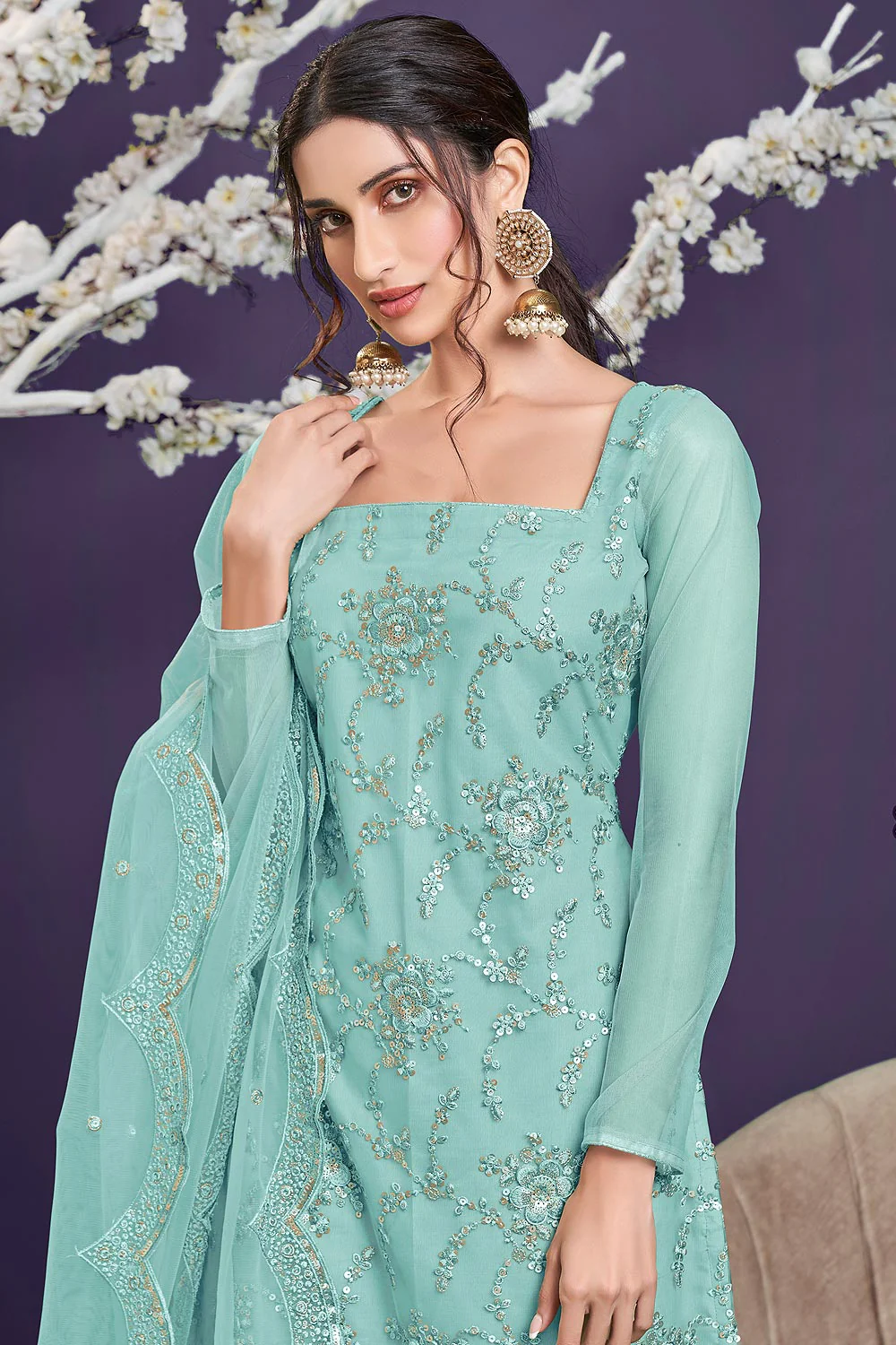 Butterfly Net Aqua Blue Premium Embroidered Gharara Suit - Image 2