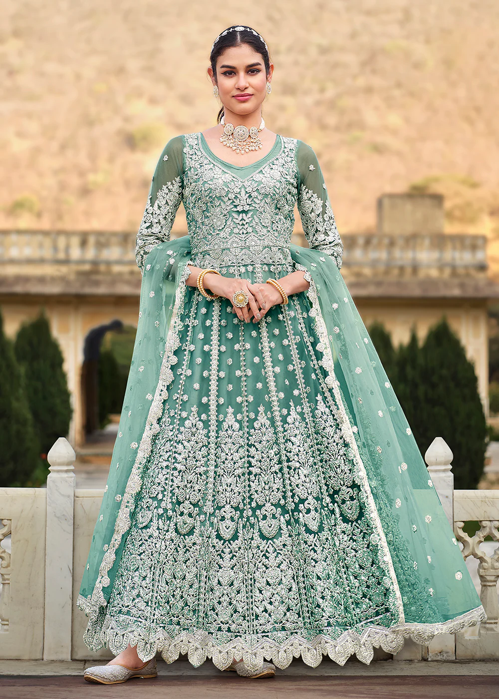 Butterfly Net Green Embroidered Wedding Bridesmaid Anarkali Suit - Image 3