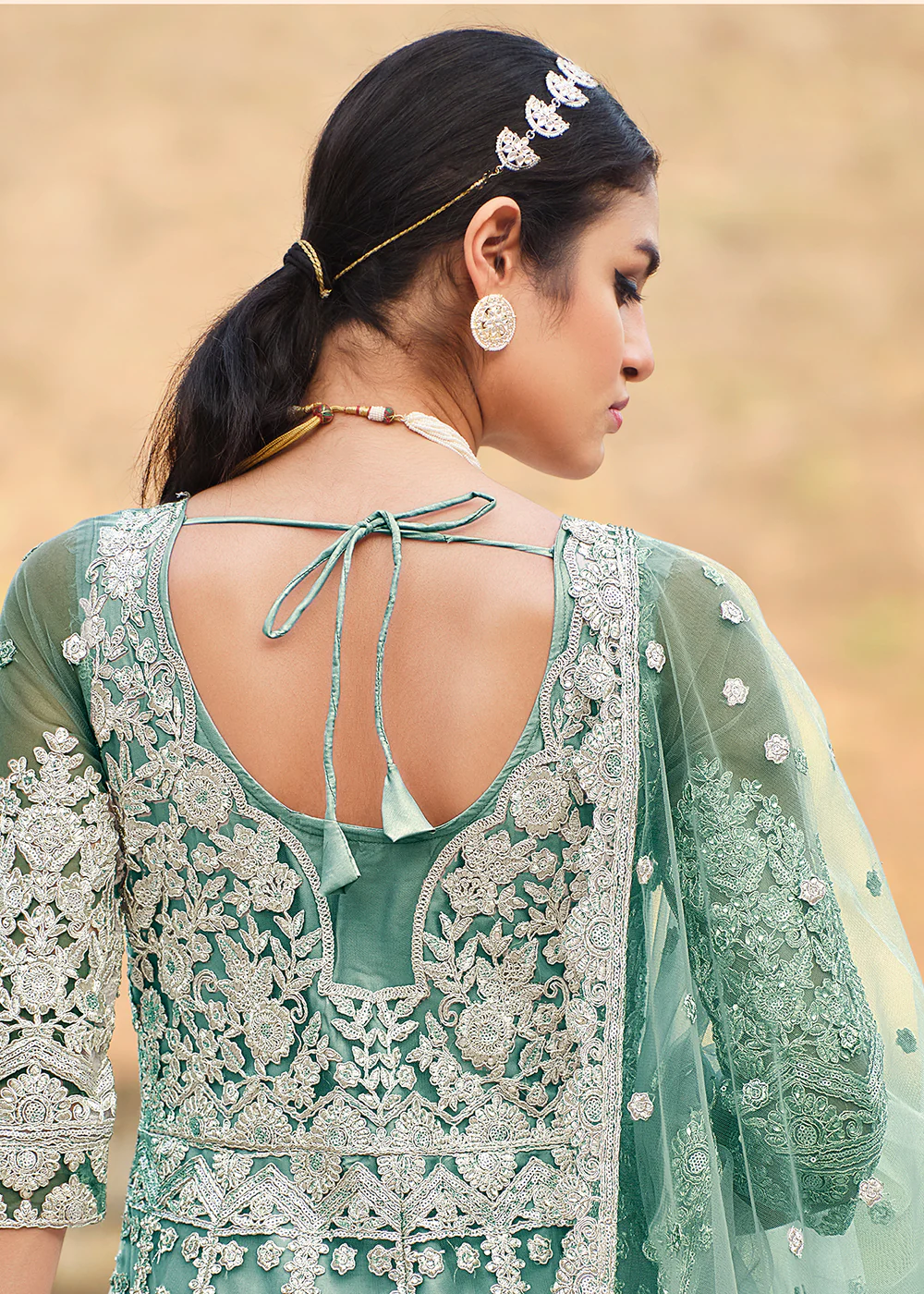 Butterfly Net Green Embroidered Wedding Bridesmaid Anarkali Suit - Image 4