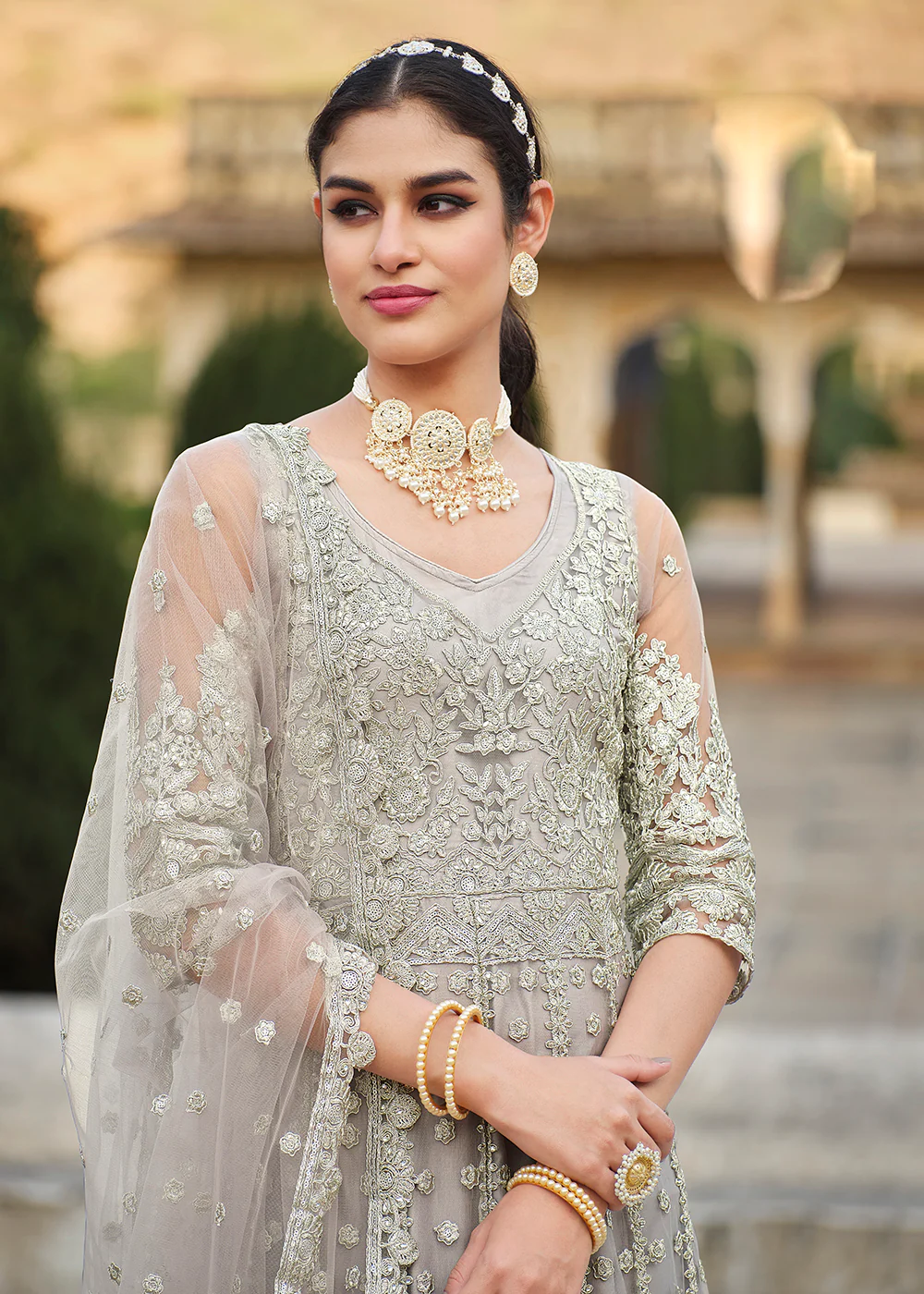 Butterfly Net Grey Embroidered Wedding Bridesmaid Anarkali Suit - Image 2