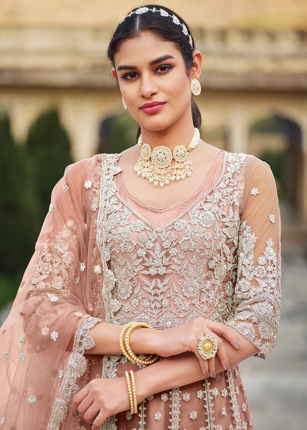 Butterfly Net Peach Embroidered Wedding Bridesmaid Anarkali Suit - Image 2