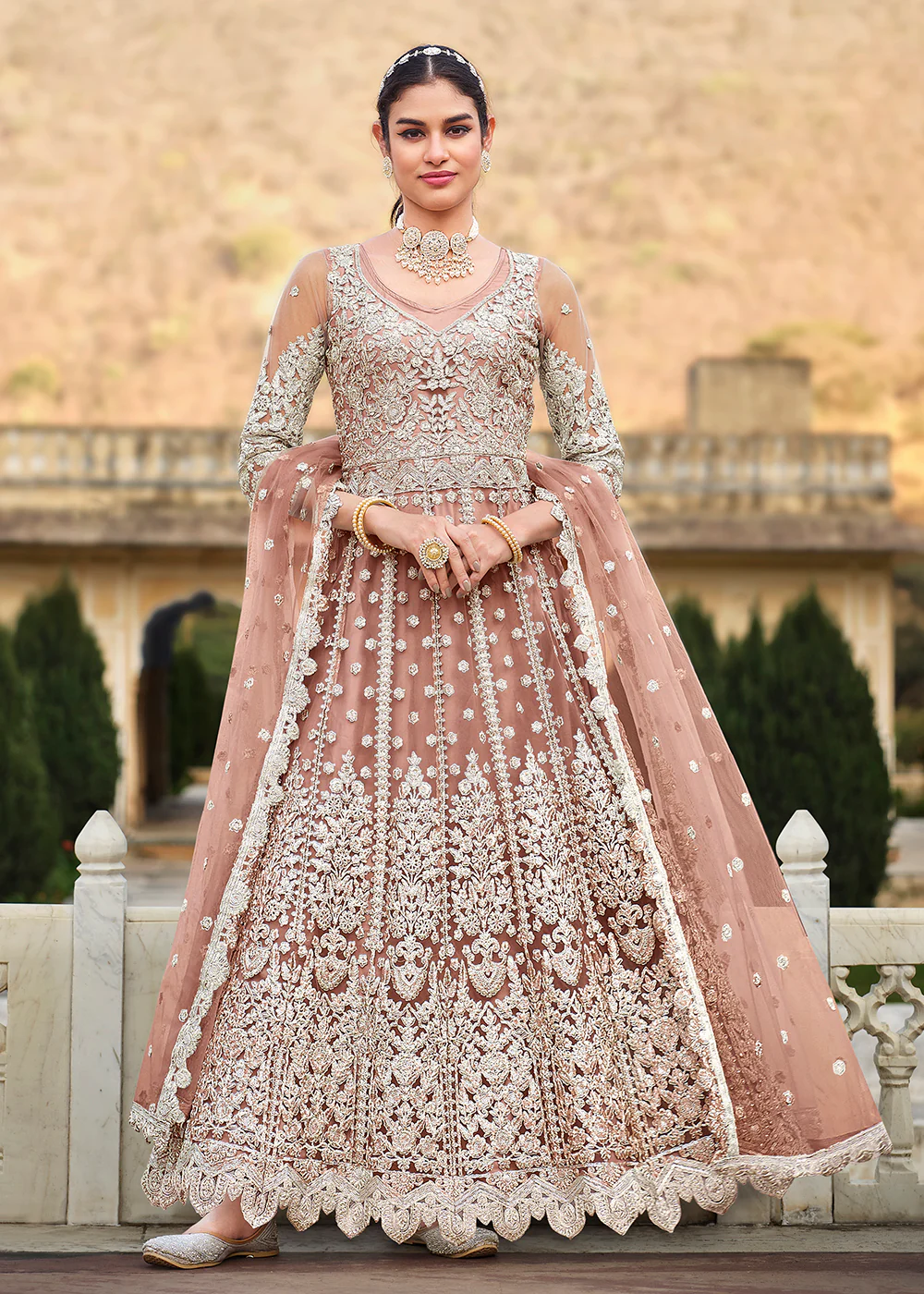 Butterfly Net Peach Embroidered Wedding Bridesmaid Anarkali Suit - Image 3