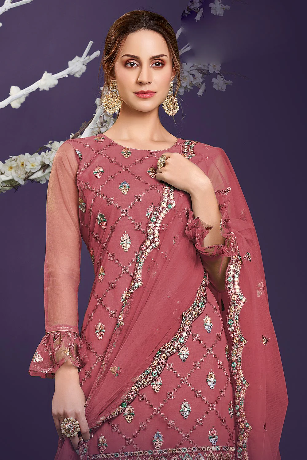 Butterfly Net Rosewood Pink Premium Embroidered Gharara Suit - Image 3