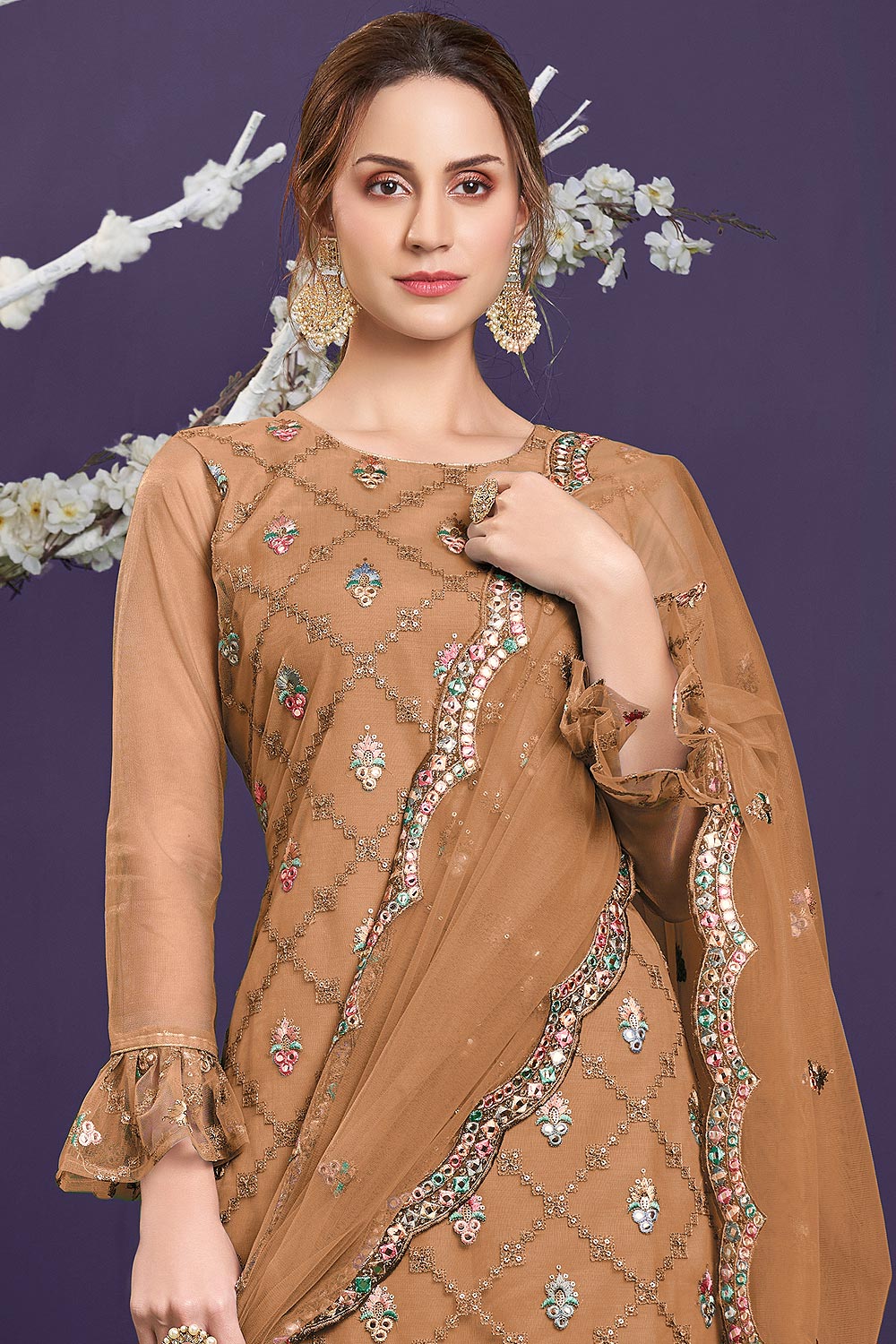Butterfly Net Tawny Brown Premium Embroidered Gharara Suit - Image 2