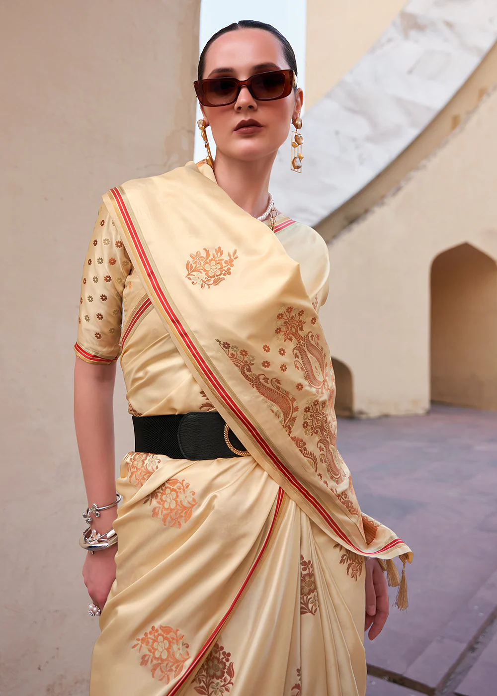 Buttermilk Beige Pure Satin Zari Weaving Wedding Festive Saree - Image 2